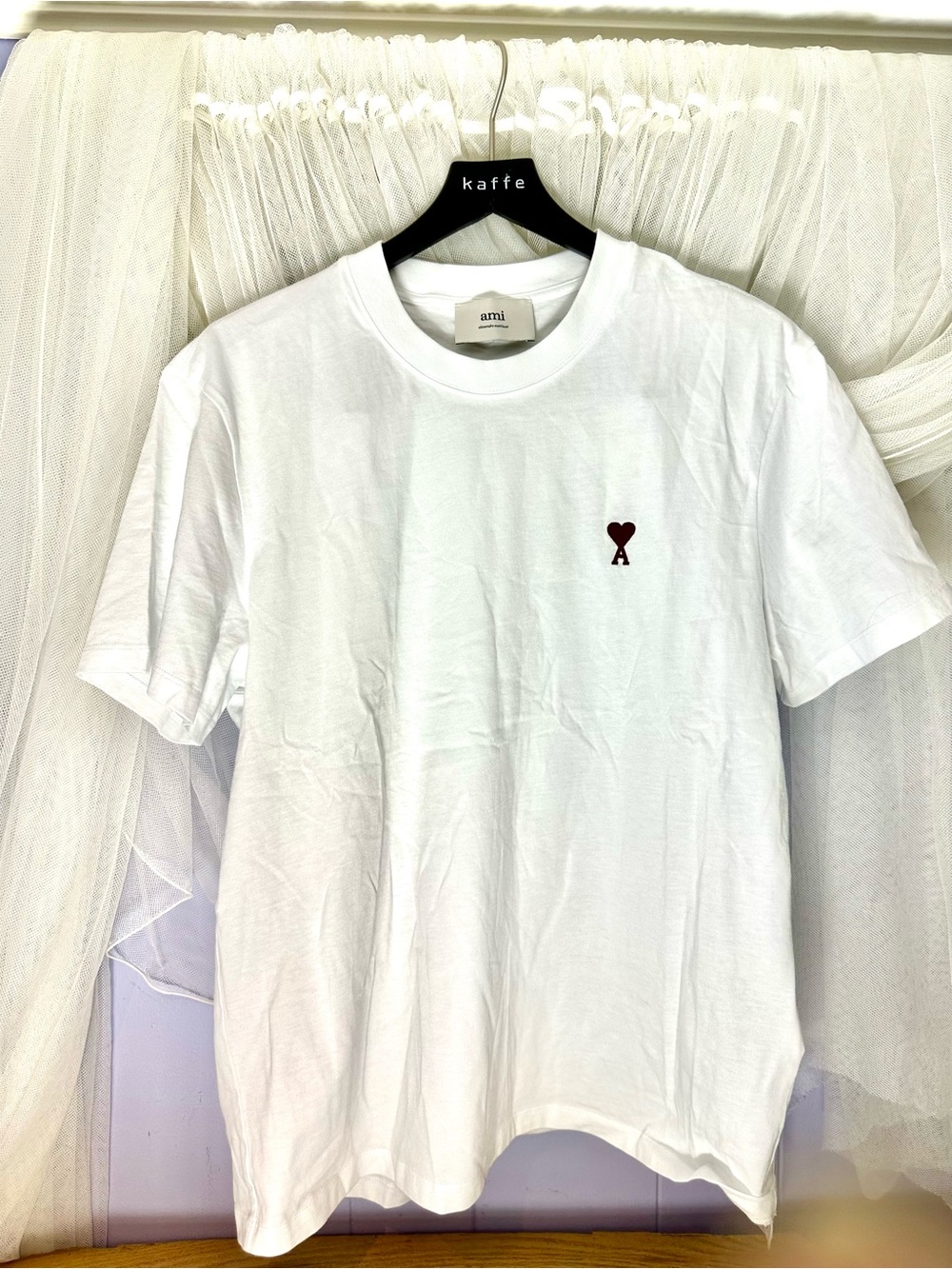 Ami White Short-Sleeve Tee with Small Maroon Heart Logo